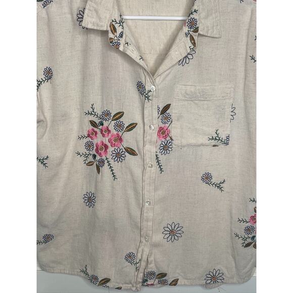 Women's Floral Embroidered Camp Button Down Shirt Sz S Cotton Boho Resort - Picture 2 of 9